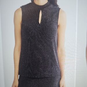 NWT ICHI Ribbed Metallic Sleeveless Knit Holiday Top Black Medium